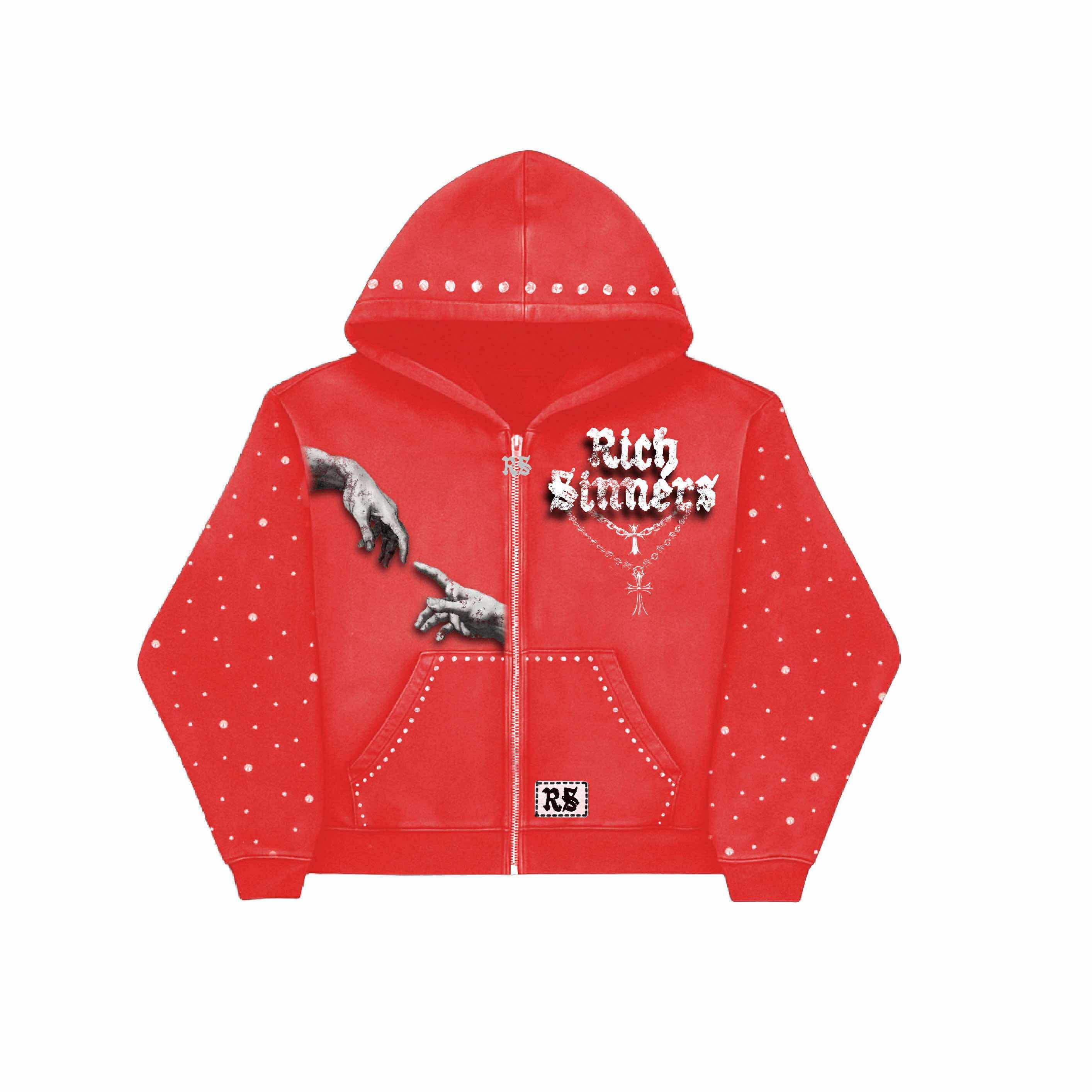 Rich Sinners Red Rhinestone Zip-Up Hoodie