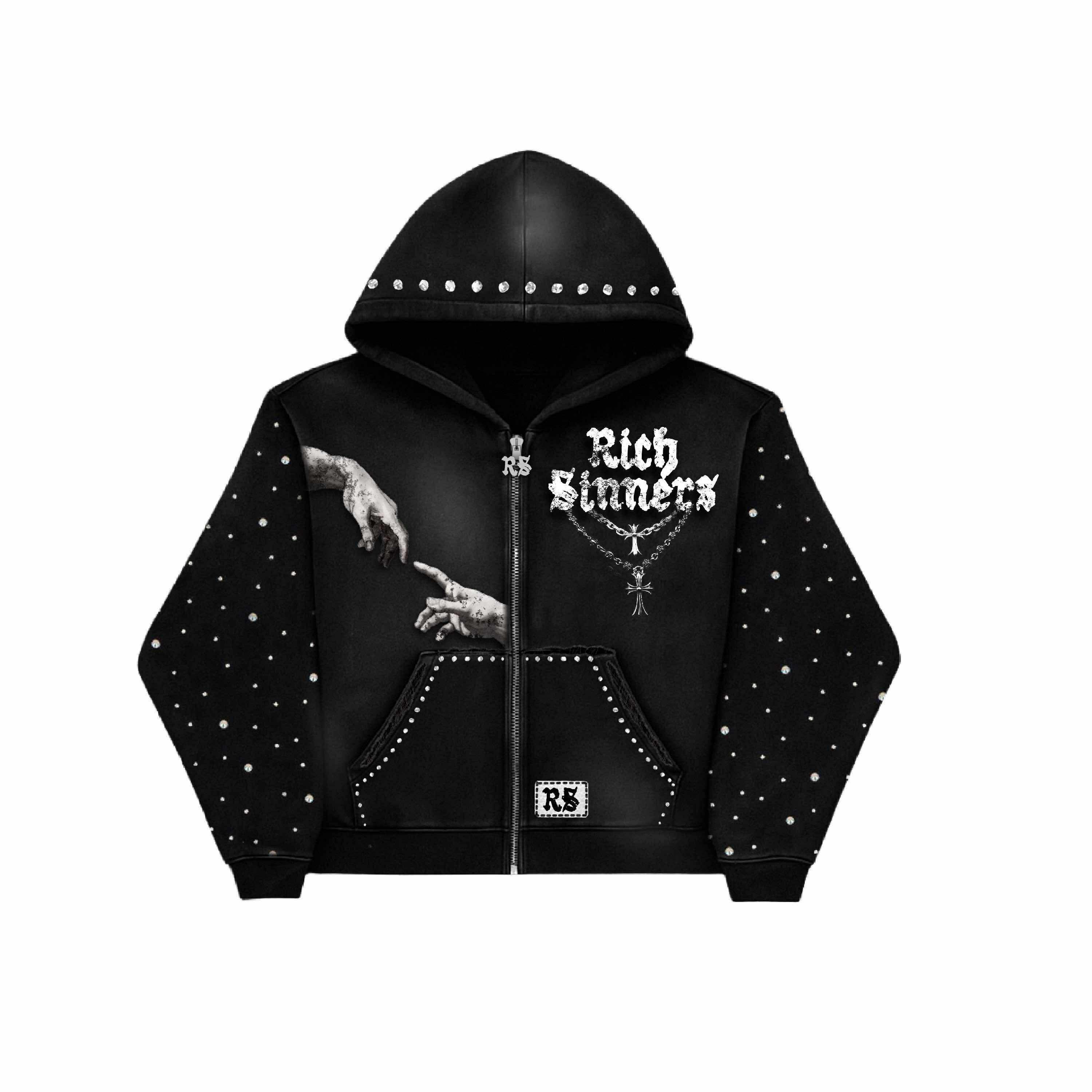 Rich Sinners Black Rhinestone Zip-Up Hoodie