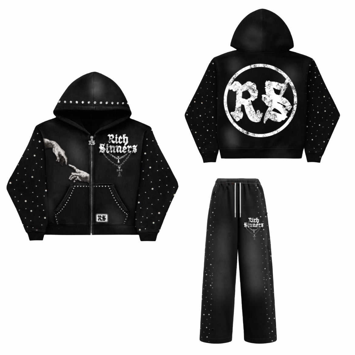 Rich Sinners Black Rhinestone Zip-Up Set